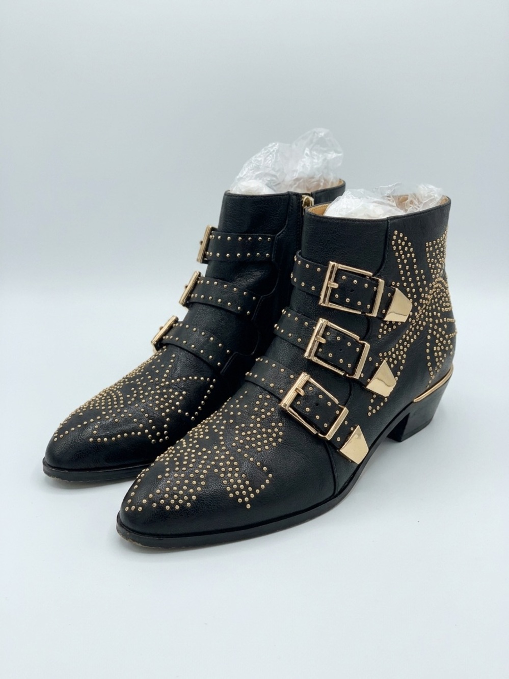 Arca Black Studded Ankle Boots with Gold Buckles